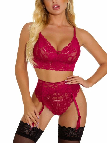 Women Sexy Lingerie Set with Garter Belt Floral Lace Bra and Panty Set Nightwear