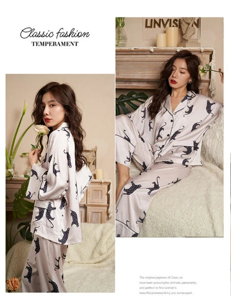 Cardigan Women's Pajamas Set Luxury Leopard Print SleepwearSilk Like Nightwear