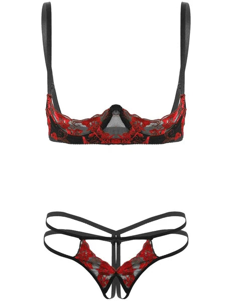 FEESHOW Sexy Lingerie Set Women Open Cup Bra Briefs Panties Babydoll AU