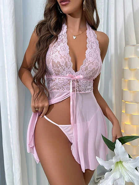 Sexy Women Lingerie Pink Lace Dress G-string Underwear Babydoll Sleepwear Gift
