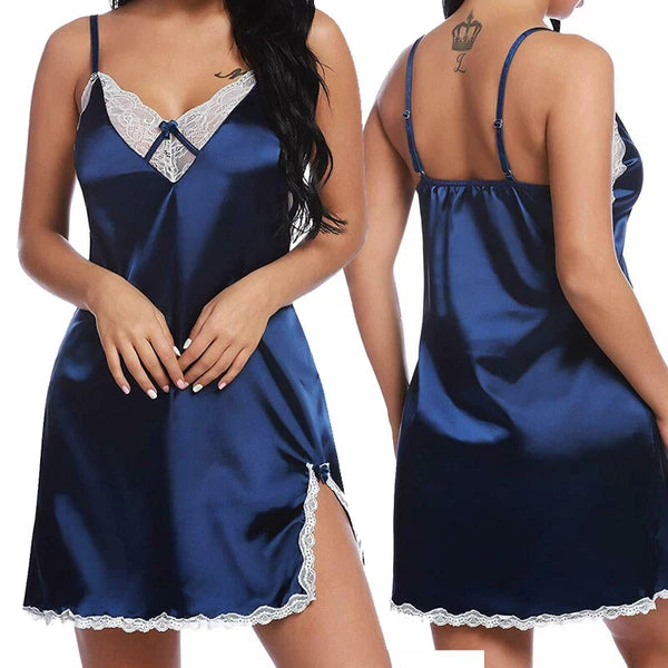 Sexy Lingerie Women Satin Lace Chemise Nightgown Silk Negligee Sling Nightshirt