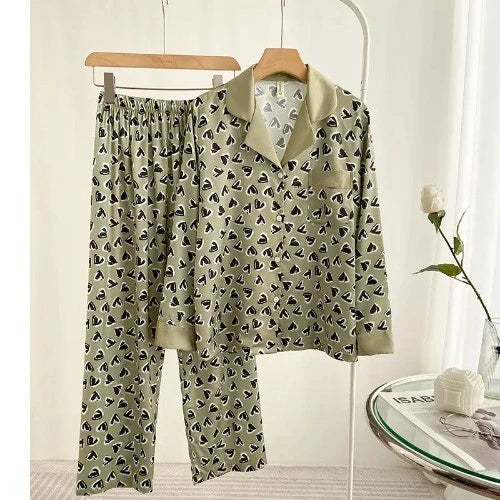 Sleepwear Two-Piece Set Elegant Print Plaid LongSleeve PijamasSuit Spring Summer