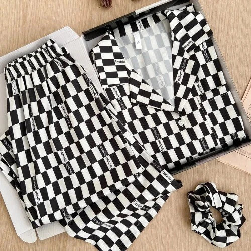 Sleepwear Two-Piece Set Elegant Print Plaid LongSleeve PijamasSuit Spring Summer