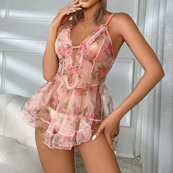 Sexy Women Lingerie Pink Lace Dress G-string Underwear Babydoll Sleepwear Gift