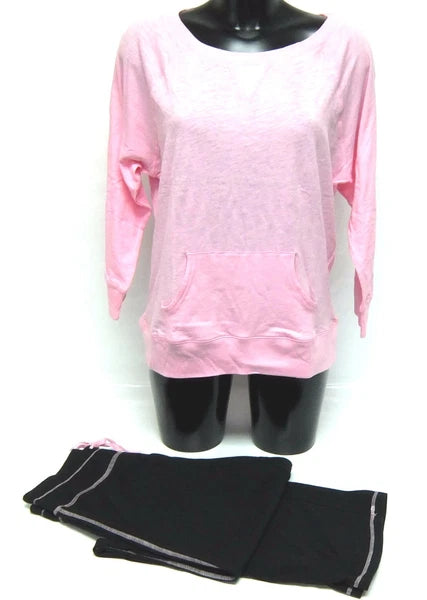 Ladies LOUNGER Pyjama Set PINK Long Sleeve Top BLACK Bottoms BODY BLEU Jersey PJ