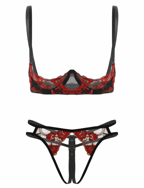 Women Sexy Lingerie Lace Bare Exposed Breast Bra Top G-string Underwear Babydoll