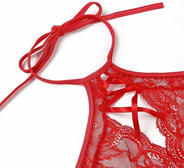 Women Sexy Lingerie Lace Babydoll V Neck Chemise Teddy Strap Sleepwear Panty Set