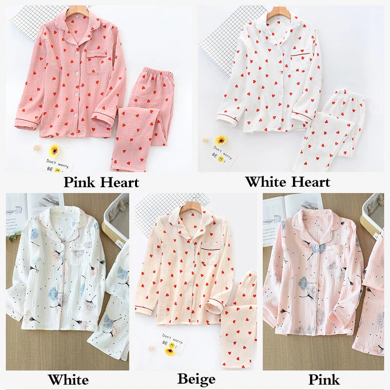 Japanese Women 100% Gauze Cotton Pajamas Set Long Sleeve Sleepwear Nightwear New