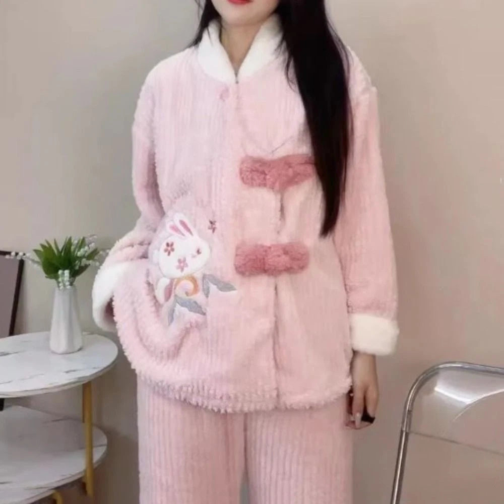 Plush Two Piece Pajama Set Rabbit Winter Sleepwear Home-