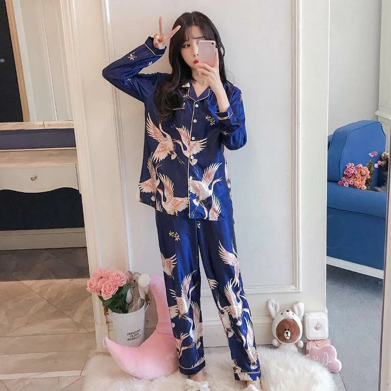 Women's Long Sleeve Silk Pajama Set Button-Down Sleepwear Print Loungewear Plus