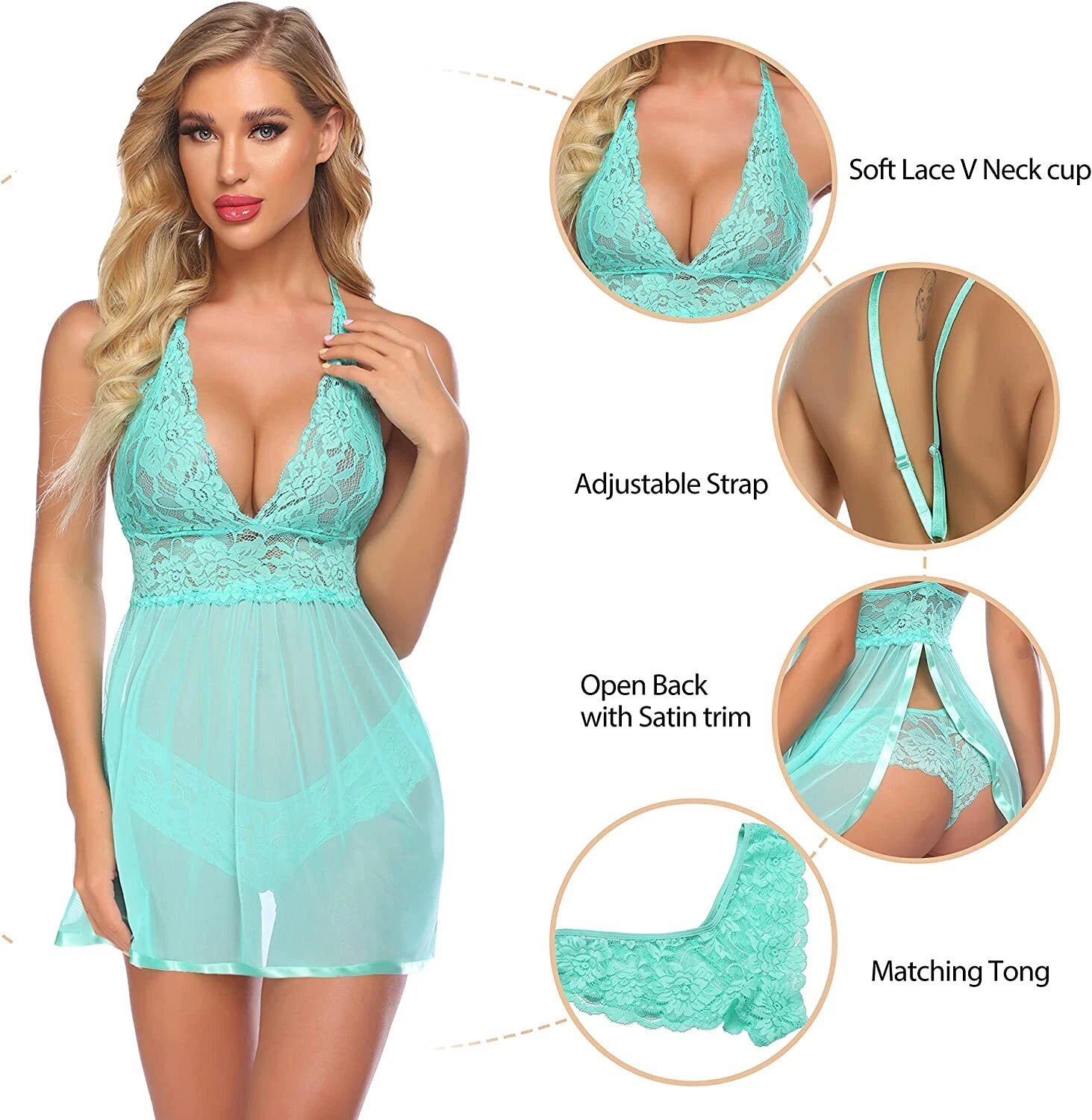 Women Sexy Lingerie Lace Babydoll V Neck Chemise Teddy Strap Sleepwear Panty Set