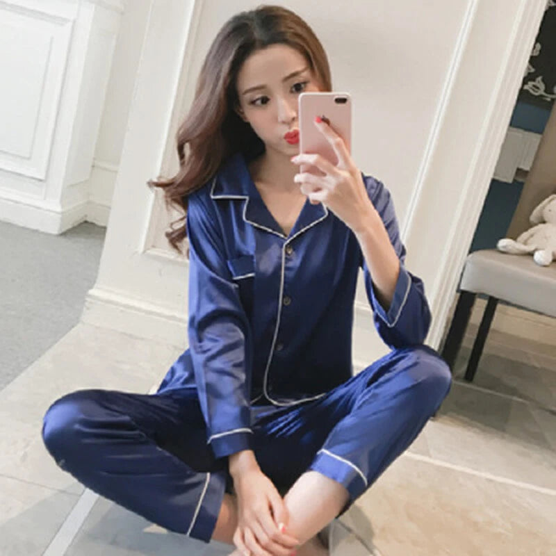 Women's Silk Satin Pajamas Set Long Sleeve Button-Down Sleepwear Loungewear