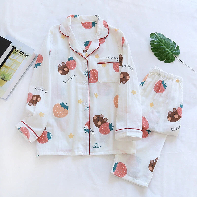 Women Pajamas Set 100% Cotton Printed Sleepwear Casual Nightwear Gauze Home Wear