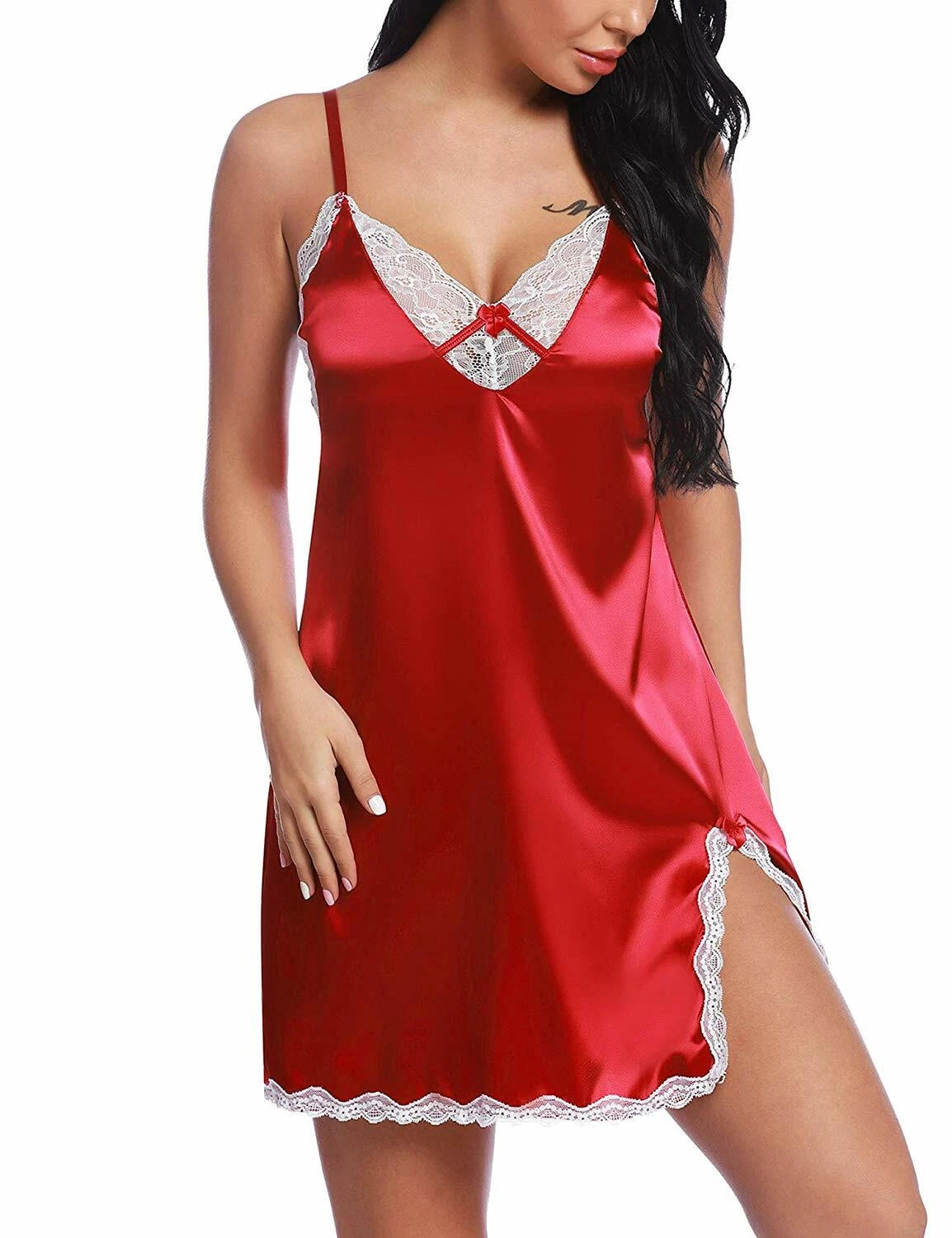 Sexy Lingerie Women Satin Lace Chemise Nightgown Silk Negligee Sling Nightshirt