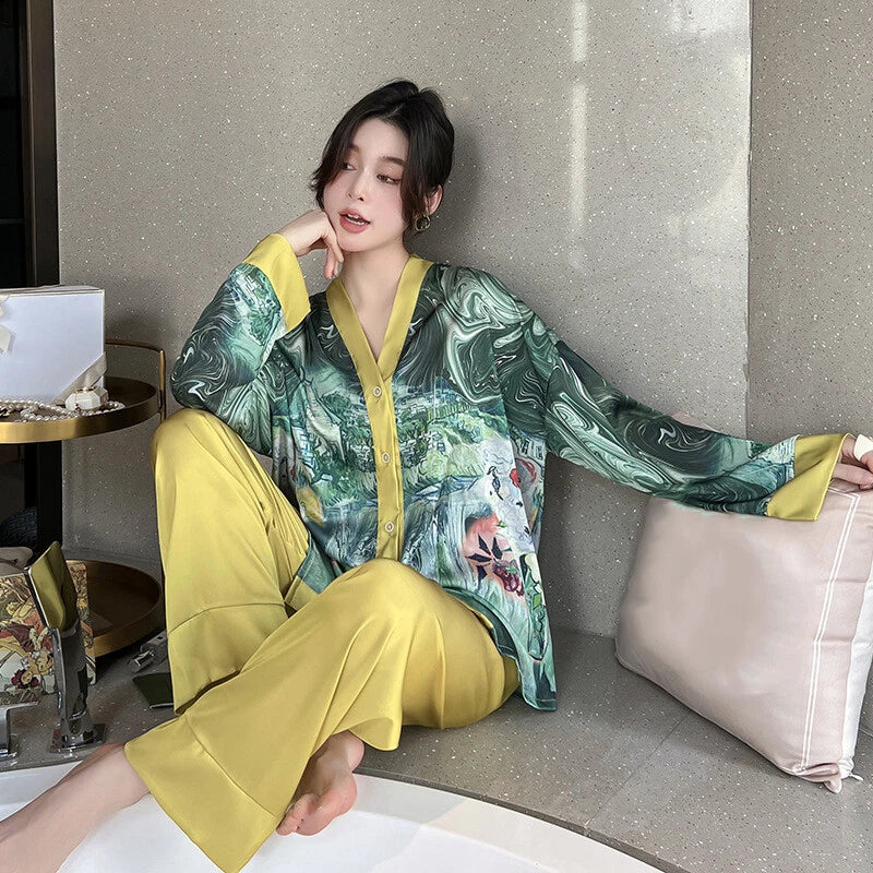Women's Pajamas Set Luxury Print Silk Sleepwear V Neck Design Homewear Nightwear