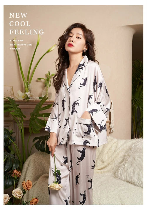 Cardigan Women's Pajamas Set Luxury Leopard Print SleepwearSilk Like Nightwear