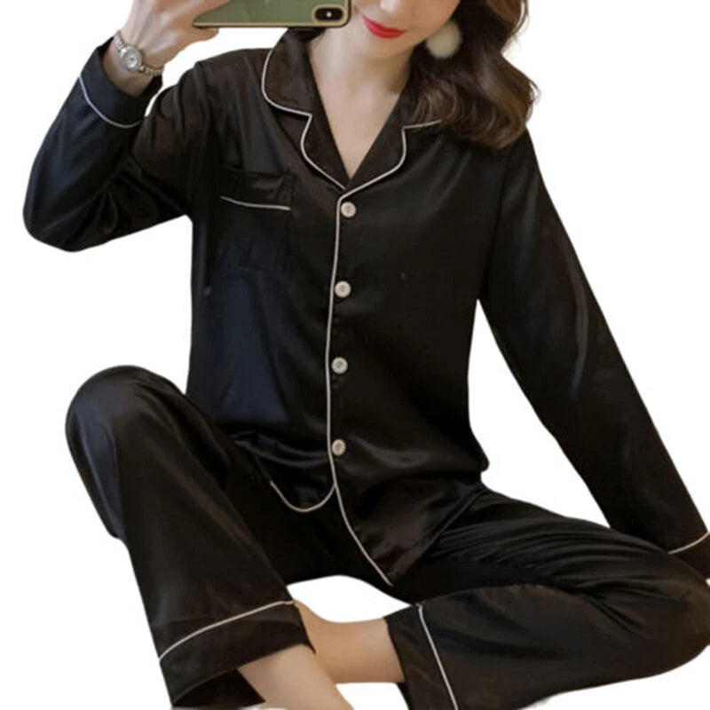 Women's Silk Satin Pajamas Set Long Sleeve Button-Down Sleepwear Loungewear