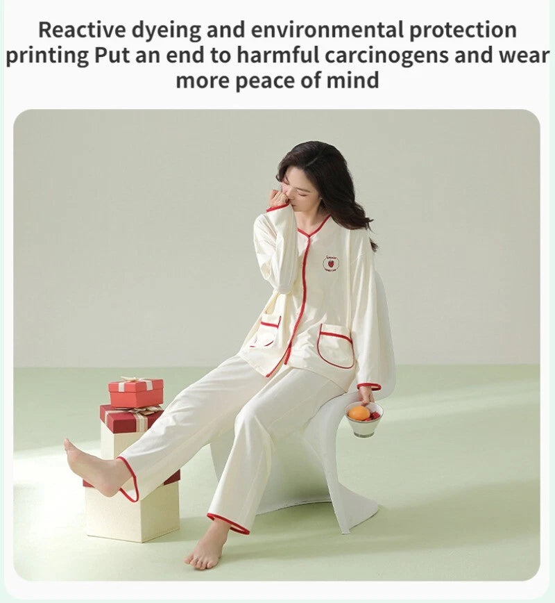 Fashion Women's Pajamas Autumn Embroidered Comfortable Casual Antibacterial Pajamas Set-