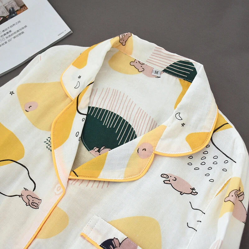 Women Pajamas Set 100% Cotton Printed Sleepwear Casual Nightwear Gauze Home Wear