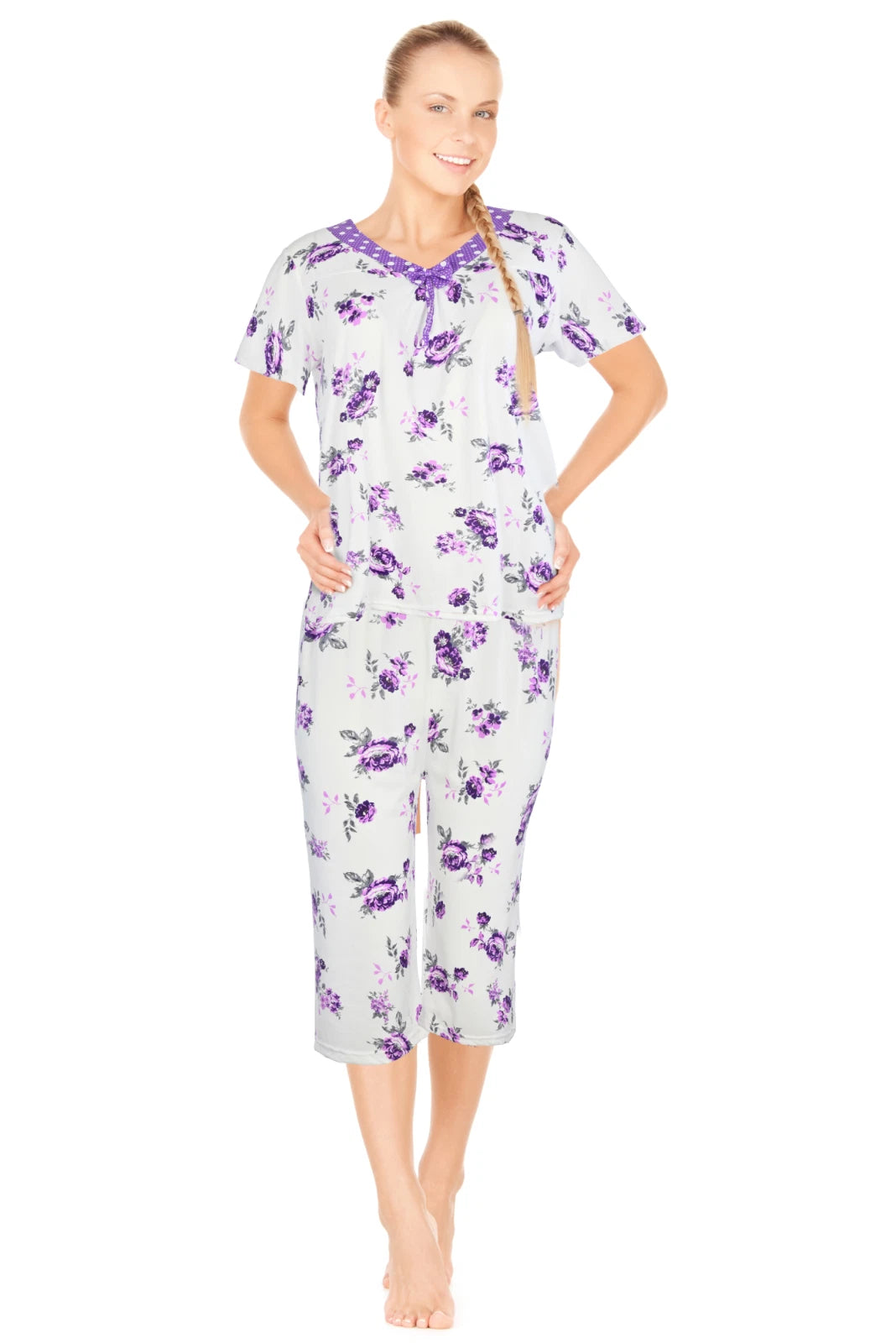 JEFFRICO Womens Capri Pajama Set 2 Piece Short Sleeve Top & Capri Pants  801C