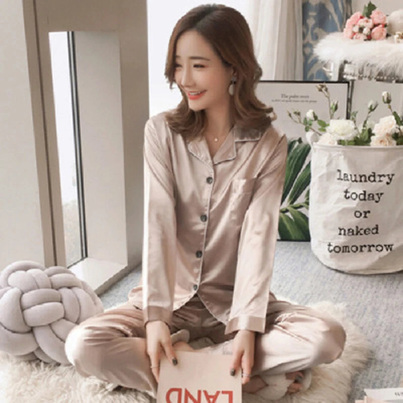 Women's Silk Satin Pajamas Set Long Sleeve Button-Down Sleepwear Loungewear
