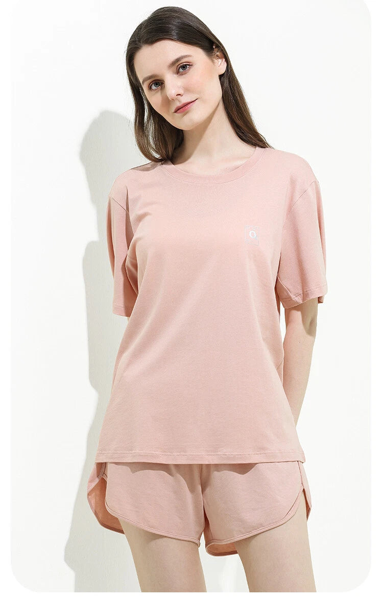 Summer Women's Cotton Short Sleeve Lounge Loose Seat Antibacterial Pajamas Set-