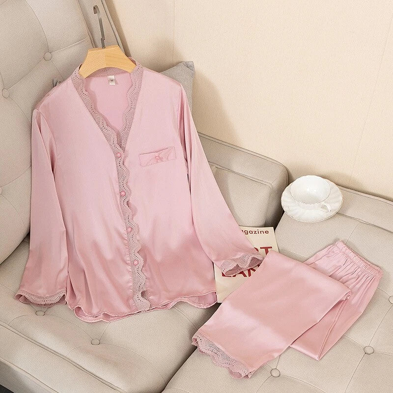Pajamas Set Satin Women 2 Piece Sleepwear Silky Pyjamas Nightwear Shirt&Pants