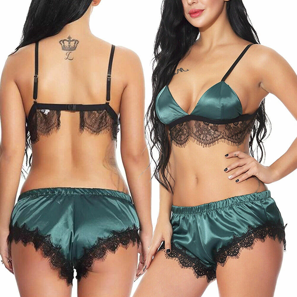 Plus Size Womens Satin Nightwear Lace Trim Bra Top Sissy Shorts of Lingerie Set