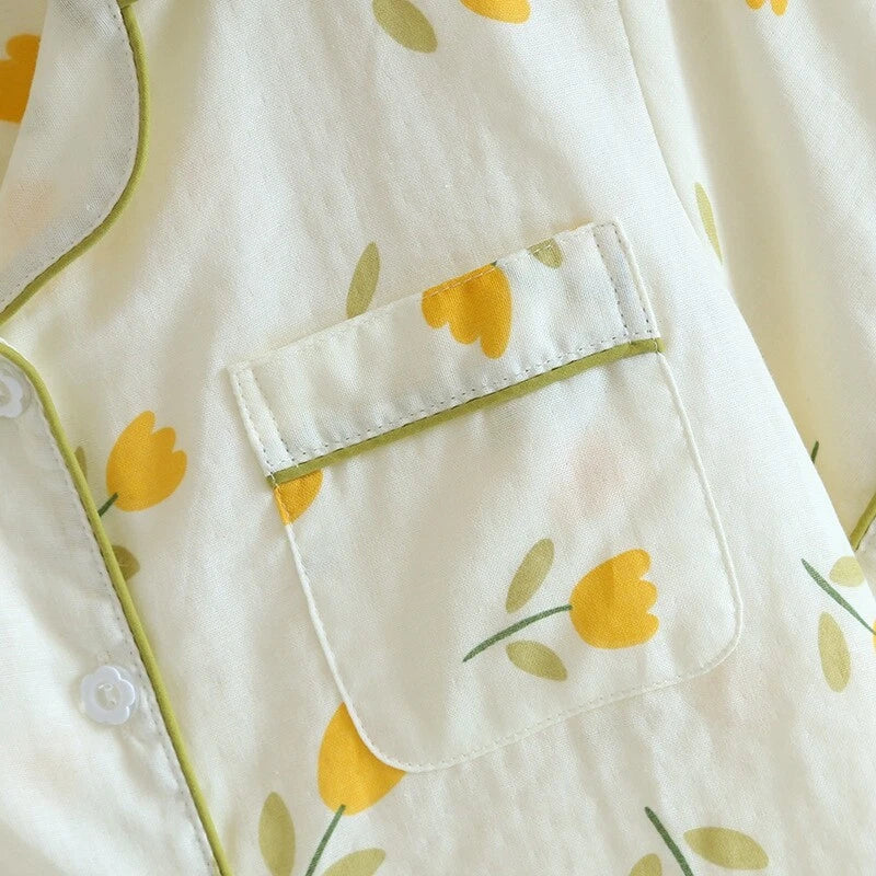 3PCS Women Pajamas Set 100% Gauze Cotton Printed Pyjamas Short Sleeve Sleepwear