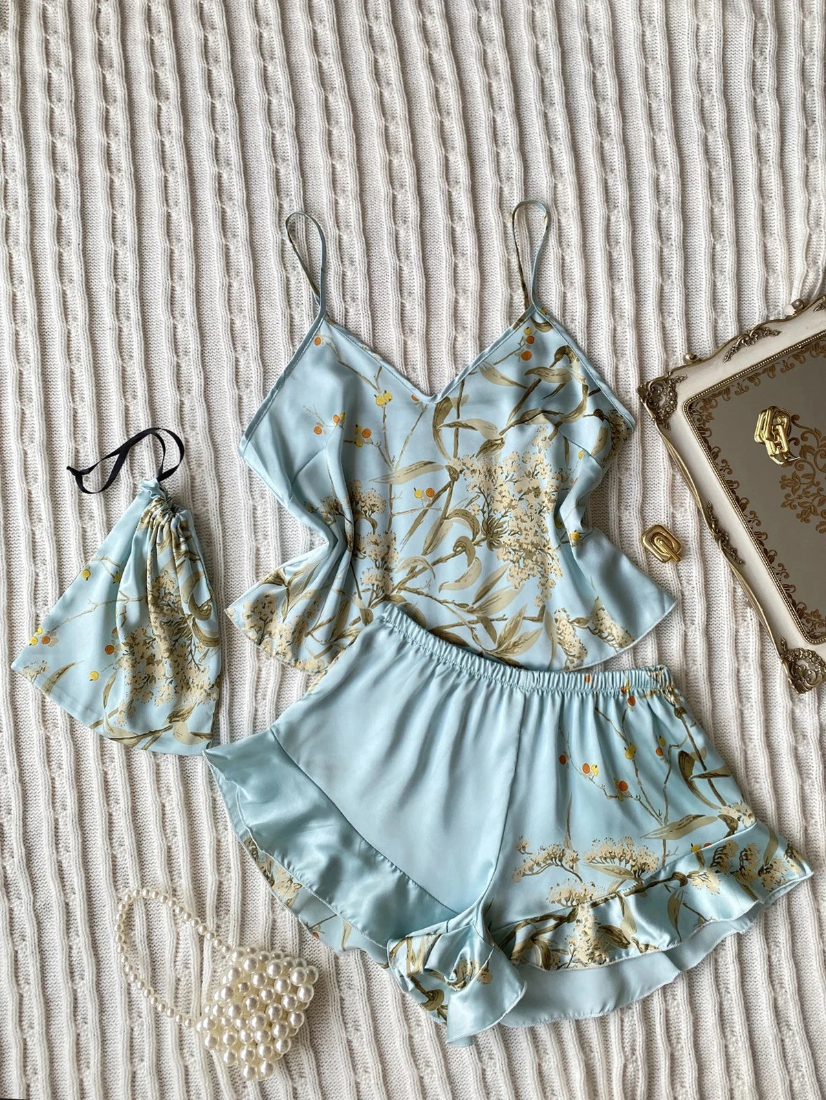 Floral Print Cami Tops Ruffle Hem Shorts Pajama Set Women's Sleepwear Loungewear