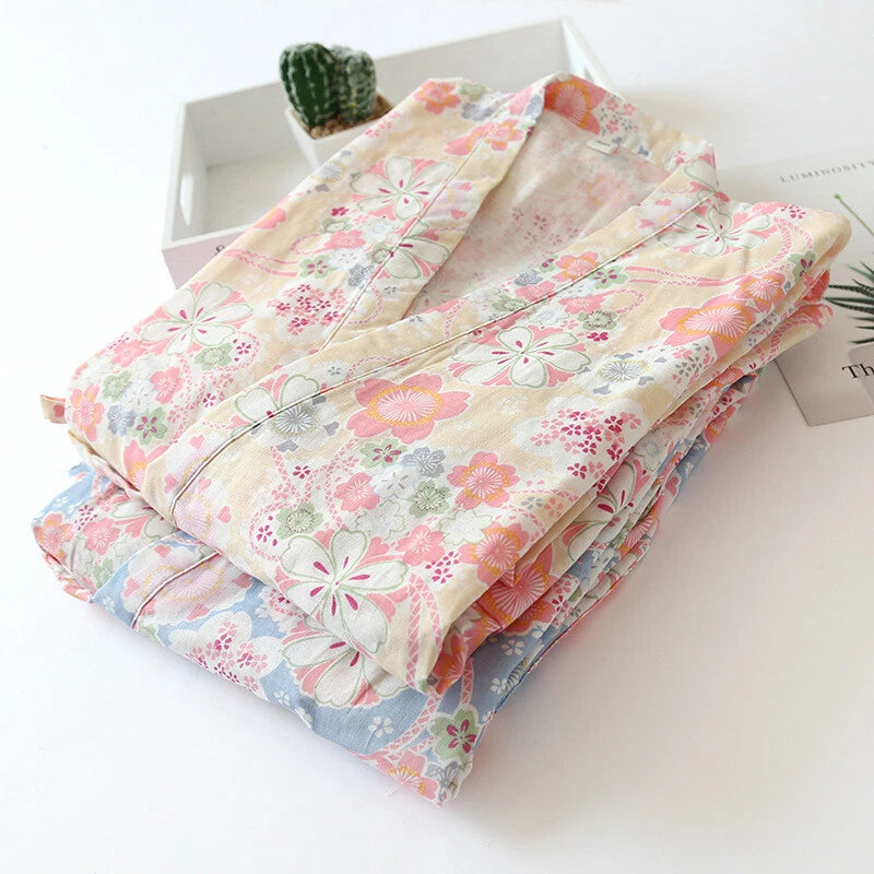 Japanese Harajuku 100% Gauze Cotton Kimono Pajamas Top+Pants Women Nightgown Set