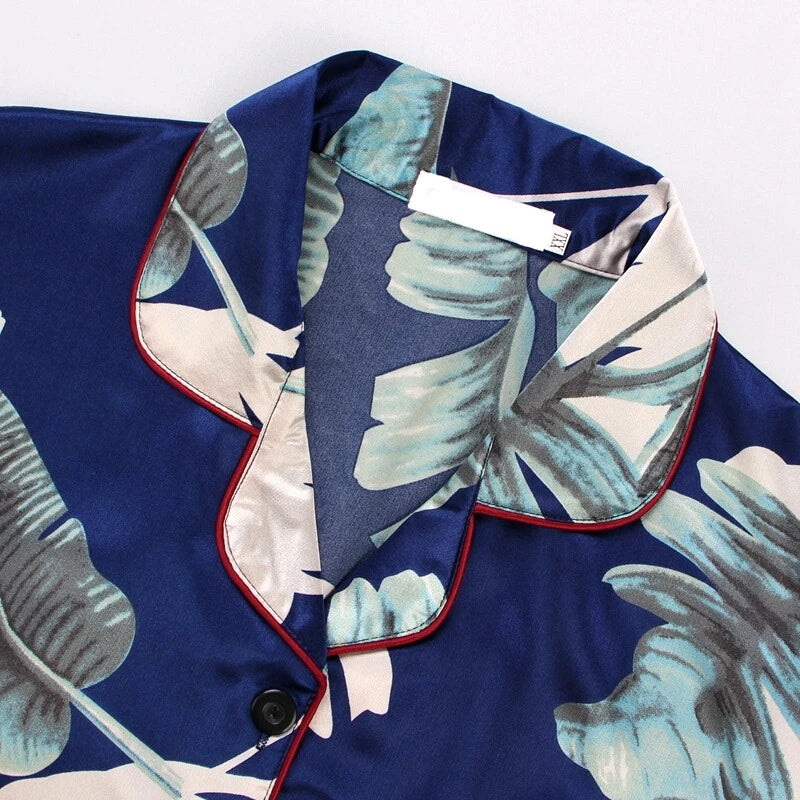 Women's Long Sleeve Silk Pajama Set Button-Down Sleepwear Print Loungewear Plus