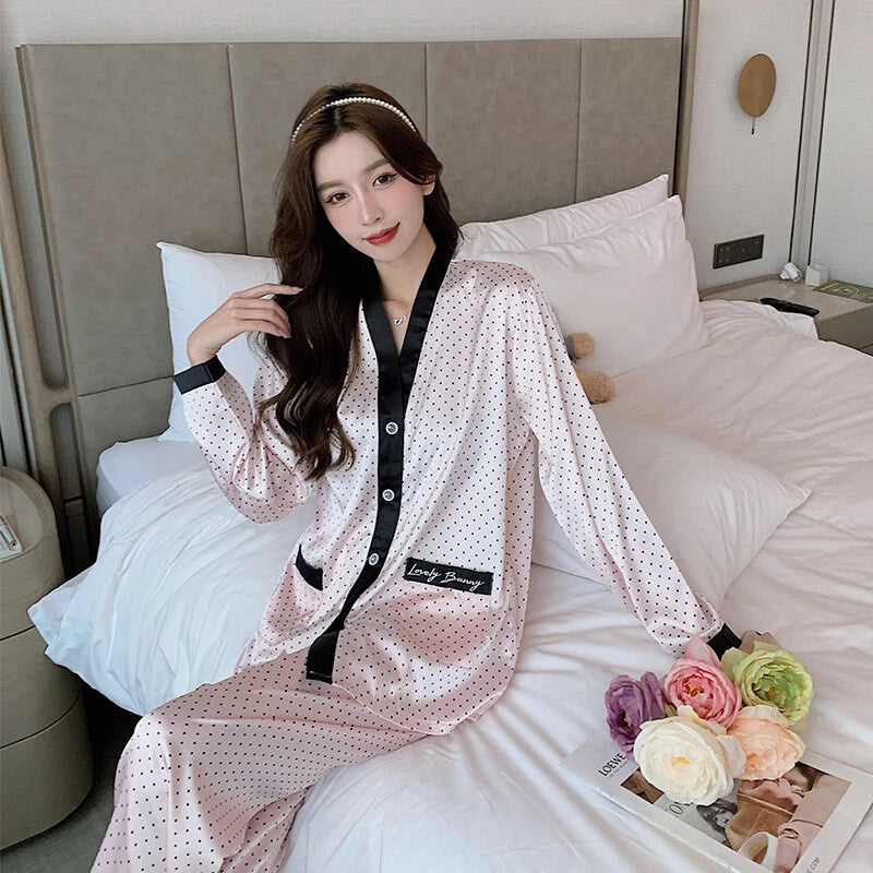Women's Long Sleeve Silk Pajama Set Button-Down Sleepwear Print Loungewear Plus