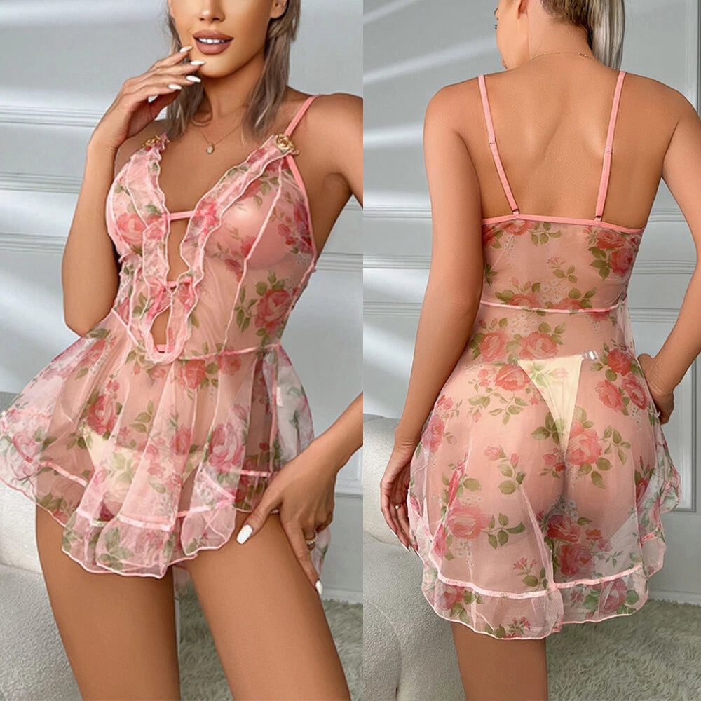 Sexy Women Lingerie Pink Lace Dress G-string Underwear Babydoll Sleepwear Gift