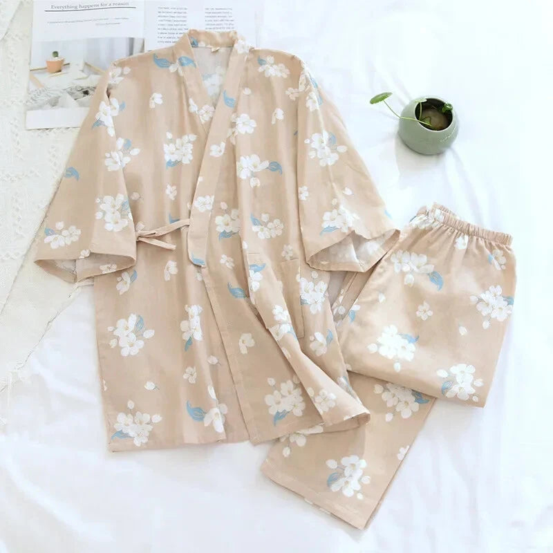 Pajamas Set Female Spring and Autumn 100% Cotton Gauze Home Clothes Sweet Two-p