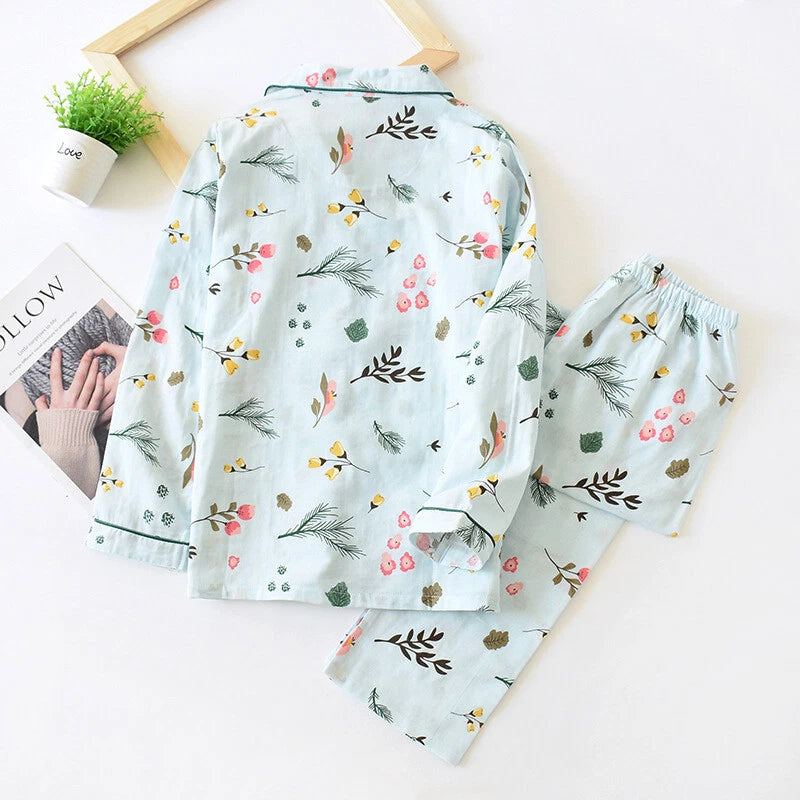 Women Pajamas Set 100% Cotton Printed Sleepwear Casual Nightwear Gauze Home Wear