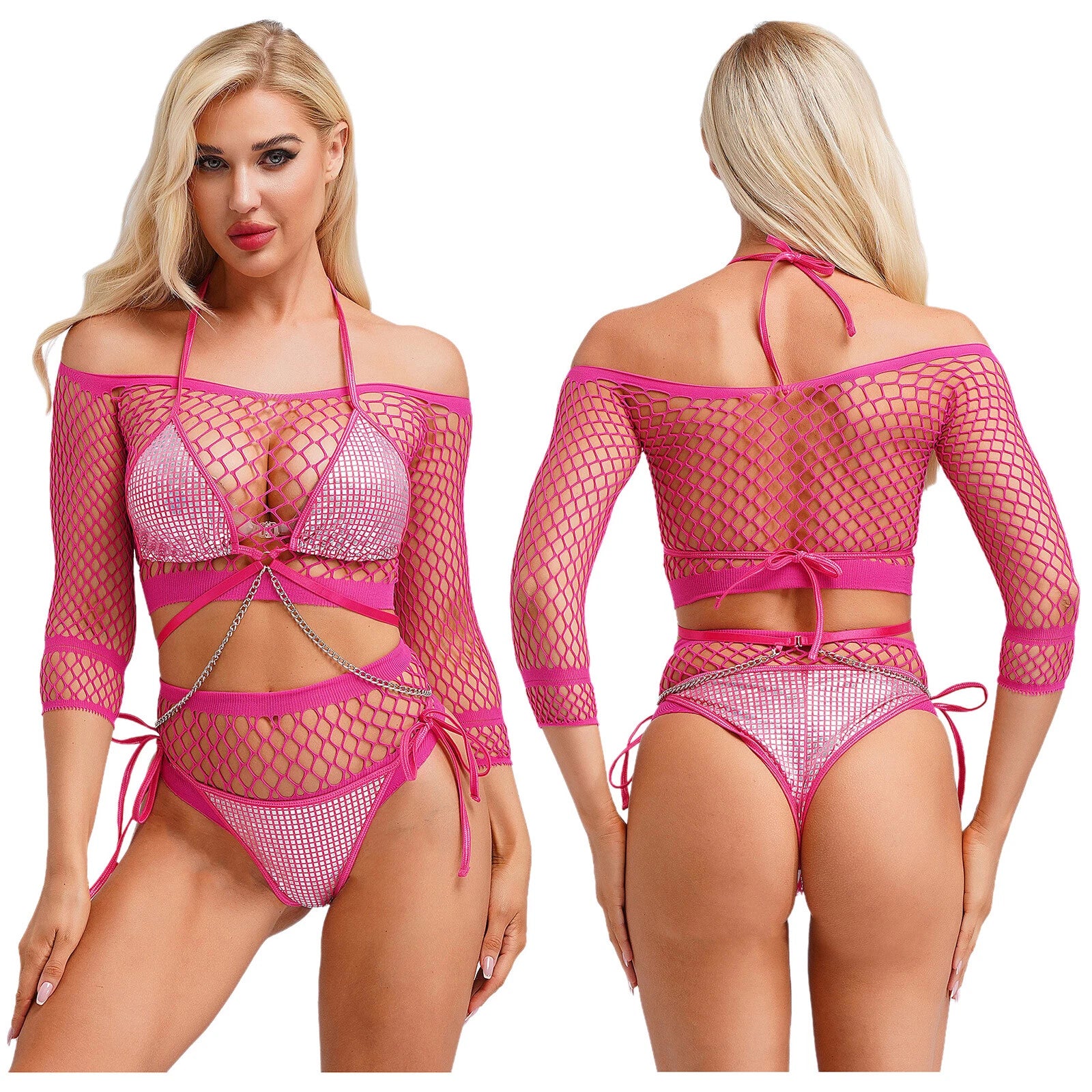 Womens Underwear Shiny Thong Crop Top Lingerie Lace-up Nightwear 4-piece Bra