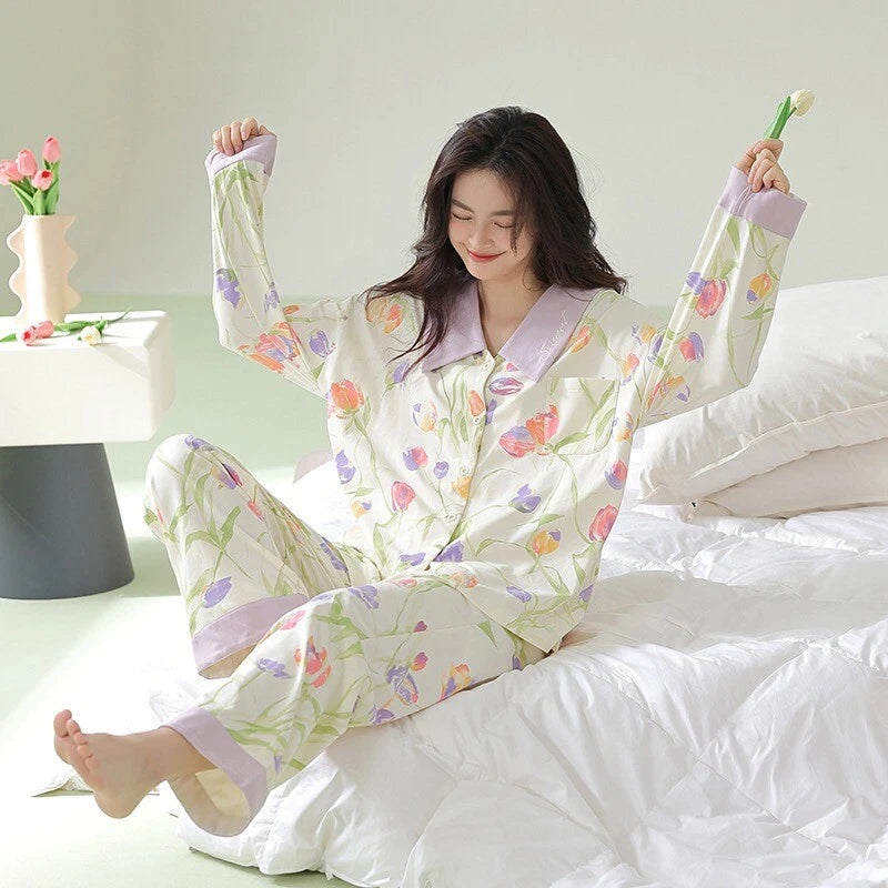 Fashion Women's Home Clothes Print Pajama Set Soft Comfortable Autumn Sleepwear