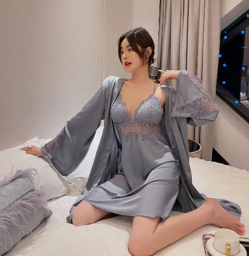 Sexy Robe Set Lace 2PCS Bathrobe Nightdress V-Neck Kimono Gown Sleepwear Suit