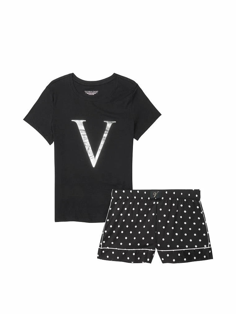 VICTORIA'S SECRET S,M, 2XLCotton Short Logo Tee-Pajama Black Dots or Leopard NWT