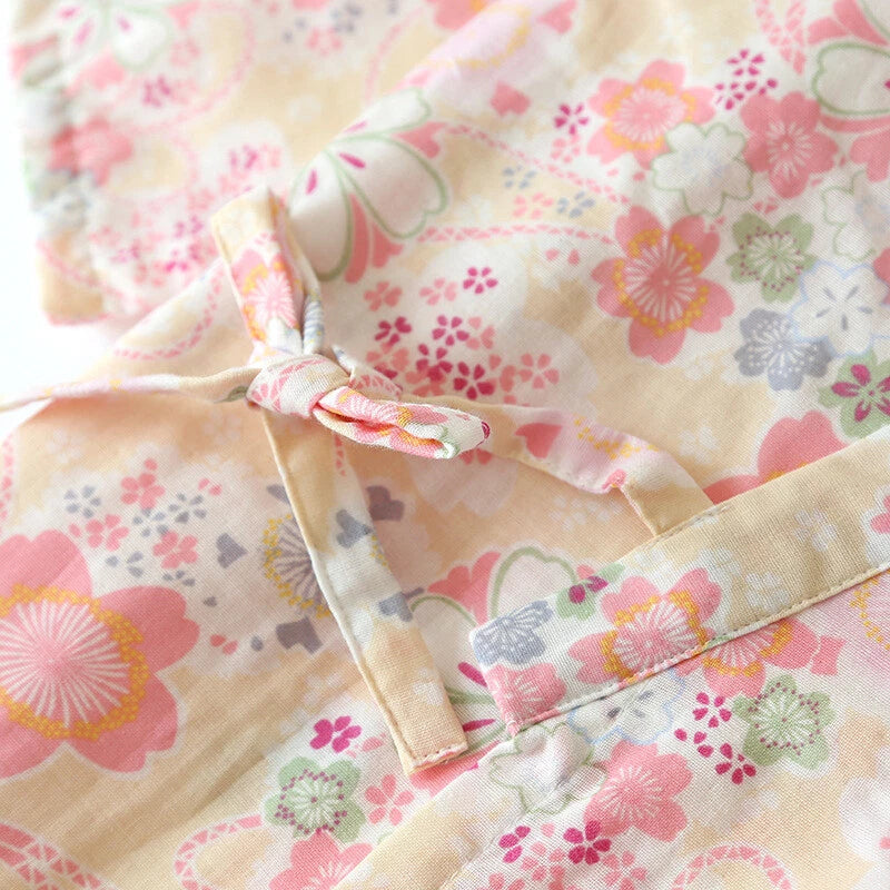 Japanese Harajuku 100% Gauze Cotton Kimono Pajamas Top+Pants Women Nightgown Set