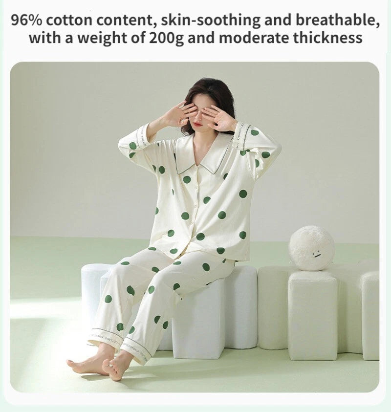 Ladies' Pajamas Set Outdoor Polka Dot Print Antibacterial Autumn Long Sleeve