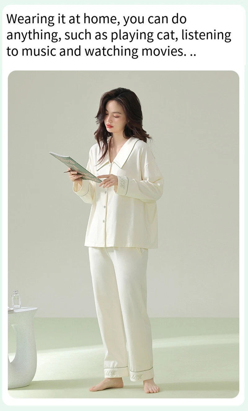 New Women's Long Sleeve Homewear Antibacterial Comfortable Cotton Sleepwear Set