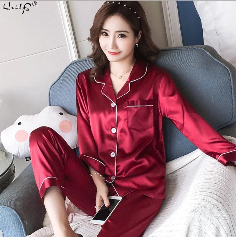 Womens/Ladies Long Sleeve Silk Satin Pyjamas Pyjama PJs Soft Silk PJS Nightwear