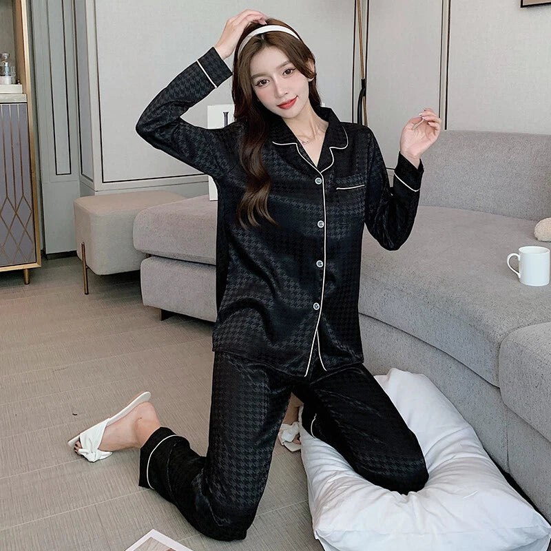 Women's Long Sleeve Silk Pajama Set Button-Down Sleepwear Print Loungewear Plus