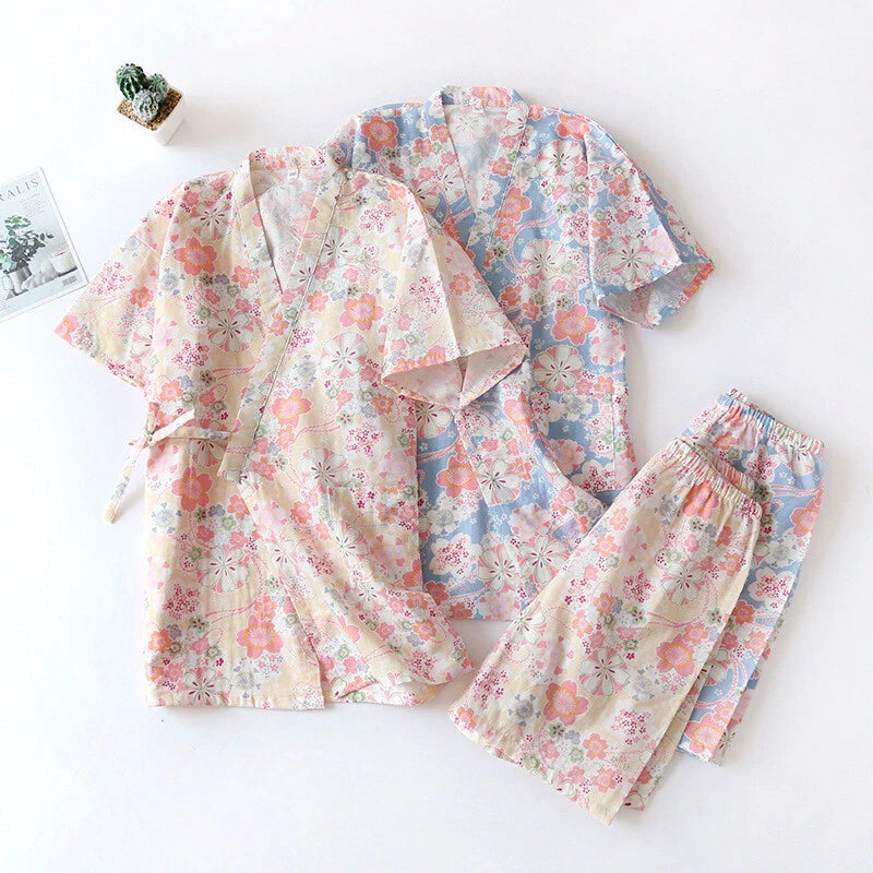 Japanese Women 100% Gauze Cotton Pajamas Set Kimono Short Sleeve Print Sleepwear