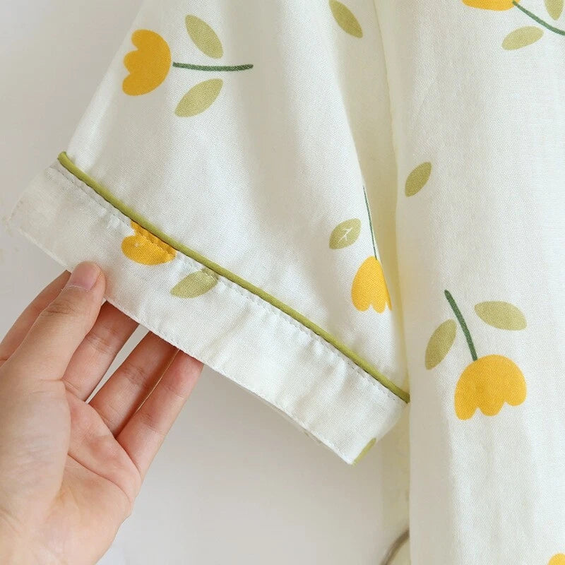 3PCS Women Pajamas Set 100% Gauze Cotton Printed Pyjamas Short Sleeve Sleepwear