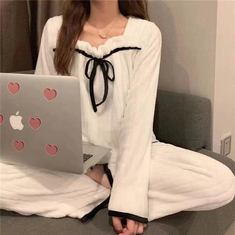 2022 women's autumn and winter pajamas set thick cute pajamas flannel pajamas