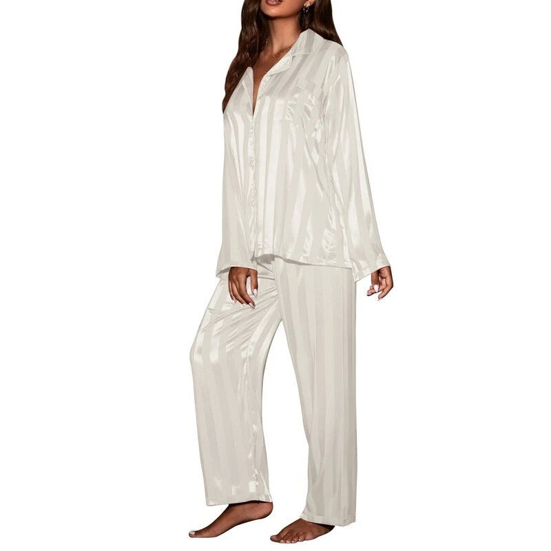 2023 Women's striped pajama set, solid silk satin pajama two-piece set