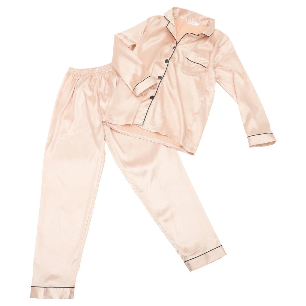 1 Set Female Nightclothes Trousers Simulated Silk Pajamas Set Fresh Long Sleeve